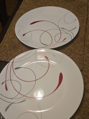 Set Of 2 Corelle White Dinner Plates with Red and Gray Swirl Pattern 10"Diameter